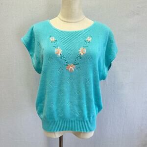 Vintage 80s turquoise knit floral embroidered sweater vest‎ size large acrylic